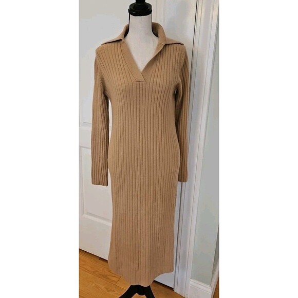 Elie Tahari wool cashmere blend ribbed knit sweater midi dress Sz M‎ caramel tan - Picture 1 of 9